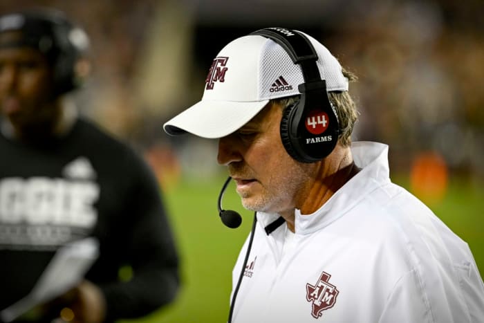Texas A&M Aggies head coach Jimbo Fisher during the game between the Texas A&M Aggies and the Miami Hurricanes at Kyle Field.
